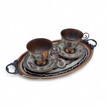 Tablett, Kupfer, oval, 15x27cm, verziert, 2 schwarze Henkel