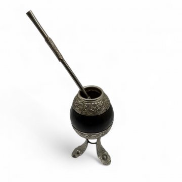 Matebecher, Kürbis, versilbert, schwarz, Löwenfüße (mit Trinkhalm)