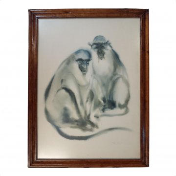 Bild gerahmt, Aquarell, Affenpärchen, farbig coloriert