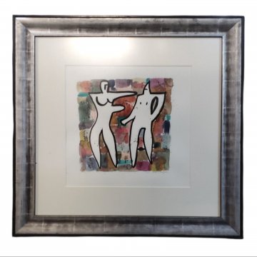 Tuschebild, abstrakte Körper mit buntem Hintergrund, Passepartout, silber Rahmen