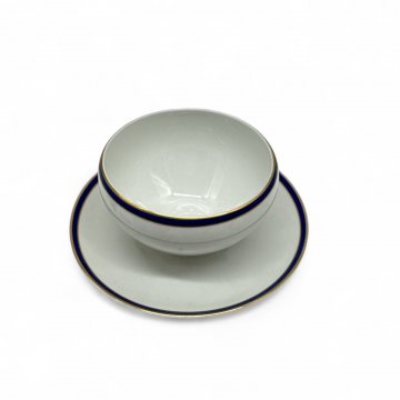 Sauciere mit Teller, einteilig, "Bavaria", weiss, Porzellan, blauer Streifen mit Goldrand