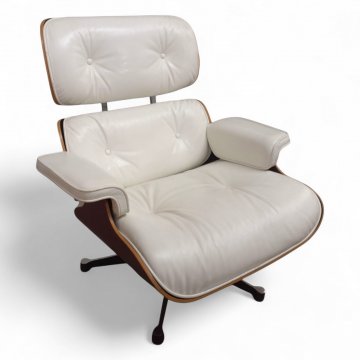 Ruhesessel, Lounge Chair, EAMES LOUNGE, Kirschbaumschale, Lederpolster weiß, kapituniert, Metallgestell 4-füßig