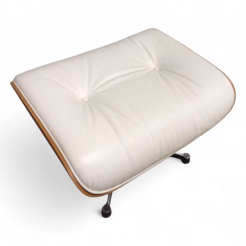 Fußhocker EAMES LOUNGE, Kirschbaumschale, Lederpolster weiß, kapituniert, Metallgestell 4-füßig