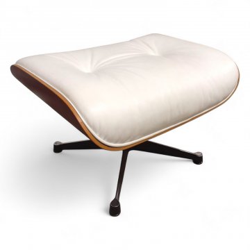 Fußhocker EAMES LOUNGE, Kirschbaumschale, Lederpolster weiß, kapituniert, Metallgestell 4-füßig