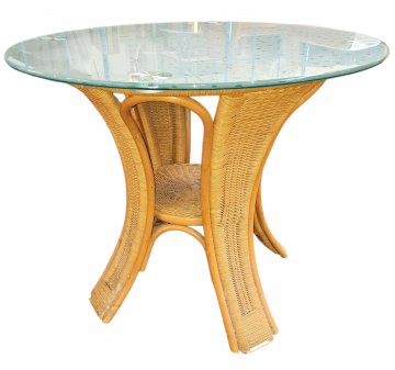 Rattantisch, NASE, hell, rund mit geflochtenem Zwischenboden, Glasspaltte mit Wassertropfen, ø90cm, h 76cm, Tisch, Korbtisch