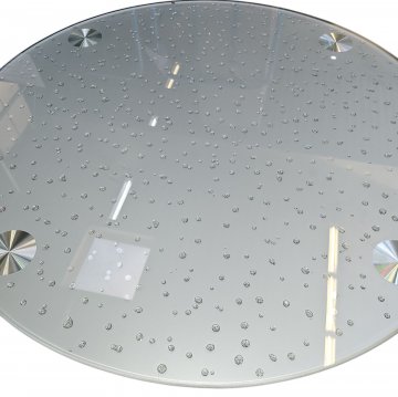 Rattantisch, NASE, hell, rund mit geflochtenem Zwischenboden, Glasspaltte mit Wassertropfen, ø90cm, h 76cm, Tisch, Korbtisch