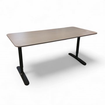 Schreibtisch, 80x160 cm, graue Holzplatte, abgerundete Ecken, matt schwarze Füße, höhenverstellbar