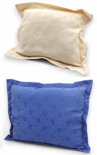 Kissen, Baumwolle, Schneckenmuster beige, blau mit Rand, 45x55
