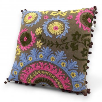 Kissen, Indisch, Baumwolle, bunt, Stickereien und Bommelkante, 40x40