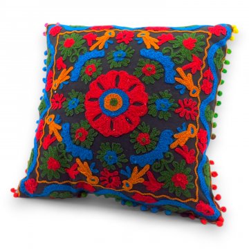 Kissen, Indisch, Baumwolle, bunt, Stickereien und Bommelkante, 40x40