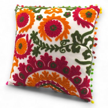 Kissen, Indisch, Baumwolle, bunt, Stickereien und Bommelkante, 40x40