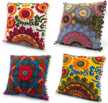 Kissen, Indisch, Baumwolle, bunt, Stickereien und Bommelkante, 40x40