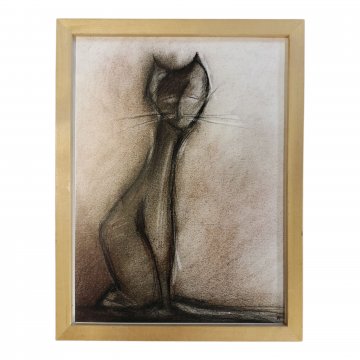 Bild JTW KATZE schwarz gezeichnet als Aquarell in Bucherahmen, 33 x 43 X4,5 cm, RECHTE: FTA 