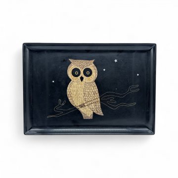 Tablett, schwarz, Intarsien, Eule, Kunststoff, "COUROC" 39x27cm