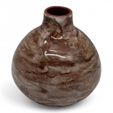 Vase, Keramik, bauchig, kurzer Hals, braun-weiß lasiert