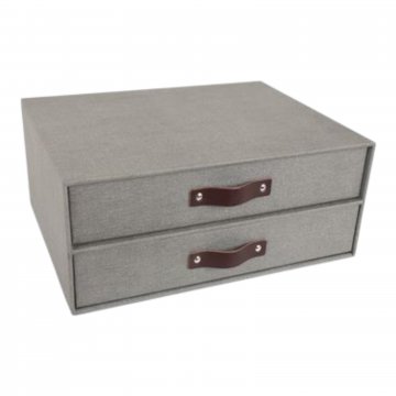 Box mit 2 Schubladen, Leinen grau mit Ledergriff, Estelle