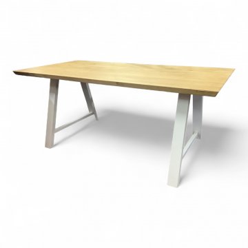 Esstisch, ALBERT, Eichen Platte natur, geölt, Untergestell Metall, weiss, pulverbeschichtet, X- Form, Tischplatte am Rand beschädigt