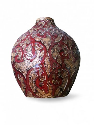 Vase, M, röhre, rot, mit Blumen-Ornamenten, lackiert, Asiatides, h 35 cm, b 32cm