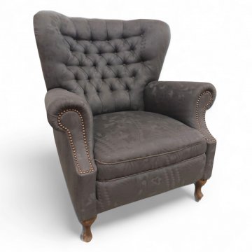 Sessel, Vollpolster Stoff dkl.grau, Rücken kapituniert gebogen, Nagelkante, Ballenfüße