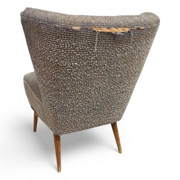 Cocktailsessel, ohne Arml., Vollpolster Stoff graugrün, Beine schräg konisch, B55xT60xH75