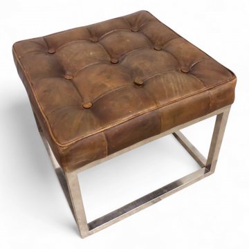 Hocker, Lederpolster rotbraun kapituniert, Edelstahlgestell quadr., 50x50 H43