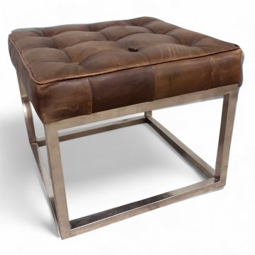 Hocker, Lederpolster rotbraun kapituniert, Edelstahlgestell quadr., 50x50 H43