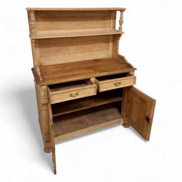 Anrichte, Weichholz natur, Platte geölt, 2-türig 2 Schübe, Aufsatz 2 Ablagefächer Säulen gedrechselt, B123xT55xH178