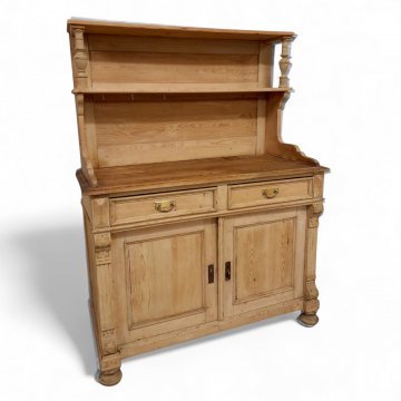 Anrichte, Weichholz natur, Platte geölt, 2-türig 2 Schübe, Aufsatz 2 Ablagefächer Säulen gedrechselt, B123xT55xH178