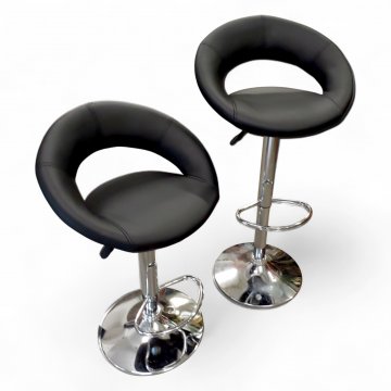Barhocker, Tellersockel und Säule Chrom, Sitz Kunstleder schwarz , rund mit Lehne, Höhenverstellbar von 60-80cm