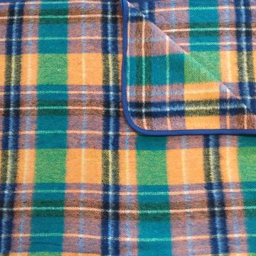 Decke 190x150 orange, grün, blau, schwarz kariert, blau eingefasst