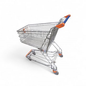 Einkaufswagen, Edelstahl verchromt, Griffstange blau, 90er Jahre ohne Münzfach, LxBxH 109x60x99,5cm