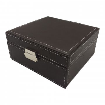 Uhrenbox ASCOT Leder braun, helle Nähte, 6 Fächer, 18x18x8cm Klappdeckel