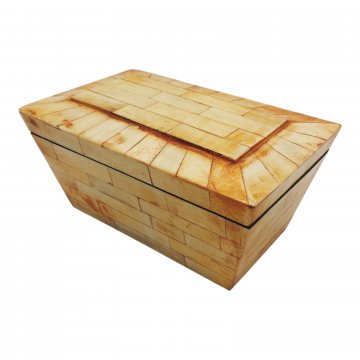 Deckeldose aus Holzmosaik, helles Holz, innen schwarz lackiert, konische Form