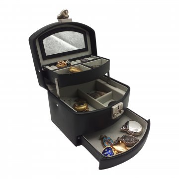 Schmuckkästchen, schwarzes Leder, 3 Etagen