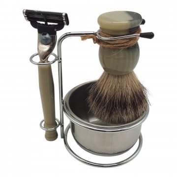 P- Rasierset, Chrom, Griffe weiß, 3-teilig, Ständer, Pinsel, Rasierer