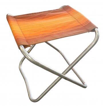 Klapphocker Streifen, klein, Stoff braun/orange/gelb gestreift, Alugestell, 35,5x42cm, h 39cm, DDR, Campinghocker, Angelhocker, Hocker
