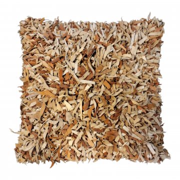 Kissen 78x78cm, hellbraun/beige aus Lederstreifen gewebt, VS voll mit Fransen, RS Leinen hellgelb