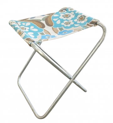Klapphocker, DDR, geblümt, klein, Stoff blau/braun/cremeweiß, Alugestell, 32x34cm, h 39cm, Campinghocker, Angelhocker, Hocker