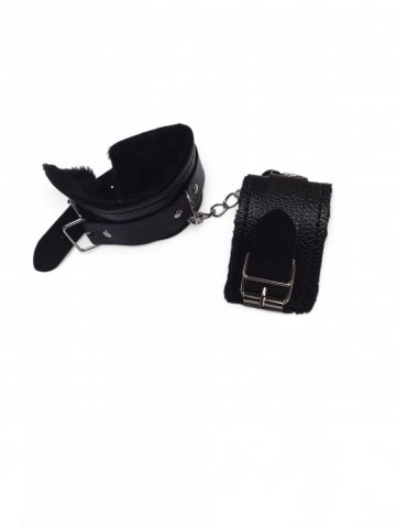 Handschellenpaar Leder,Plüsch, schwarz, verstellbarer Verschluss