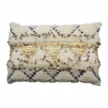 Kissen 40x60, naturweiß/gold, Berber, Goldpailletten, gold eingewebte Dreiecke, Wollflor