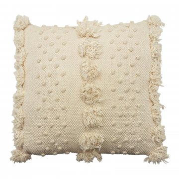 Kissen 40x40, Baumwolle, creme, kleine Noppen, seitlich und mittig Fransen, Rückseite Baumwolle