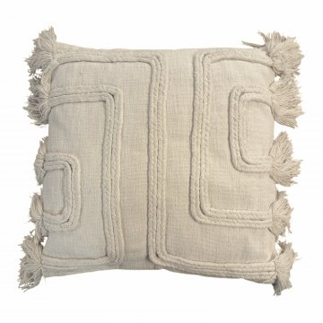 Kissen 50x50cm, Baumwolle, creme, Vorderseite mit Ornamenten aus geflochtenem Garn mit Quasten an den Enden