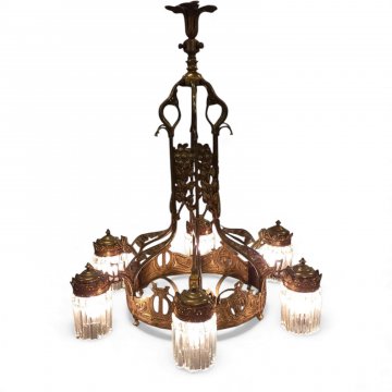 Deckenkrone, JUG, Bronze, sechs Ausleger, 7-flg. E27, Glasstäbe, reich verziert, Körbchen, H115, Ø80