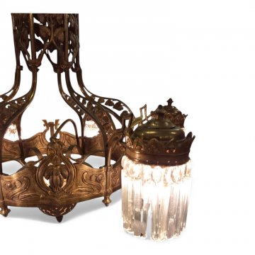 Deckenkrone, JUG, Bronze, sechs Ausleger, 7-flg. E27, Glasstäbe, reich verziert, Körbchen, H115, Ø80