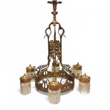 Deckenkrone, JUG, Bronze, sechs Ausleger, 7-flg. E27, Glasstäbe, reich verziert, Körbchen, H115, Ø80