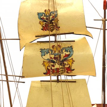 Tischlampe DUTCH, Holzschuhschiff brauner Farbverlauf, Segel 4-Master, 1 flg. E14 max. 25W, H38 L32 B9