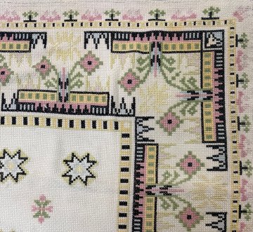 Tischdecke 145x200 hellbeige, Leinen, gewebt, gestickt, rosa, gelb, grün, rustikal, Blumen, Stern, eckig