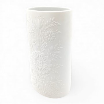 Vase HUTSCHENREUTHER, Porzellan weiß, hohe ovale Form, Blumenrelief beidseitig, H30