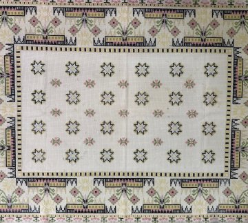 Tischdecke 145x200 hellbeige, Leinen, gewebt, gestickt, rosa, gelb, grün, rustikal, Blumen, Stern, eckig