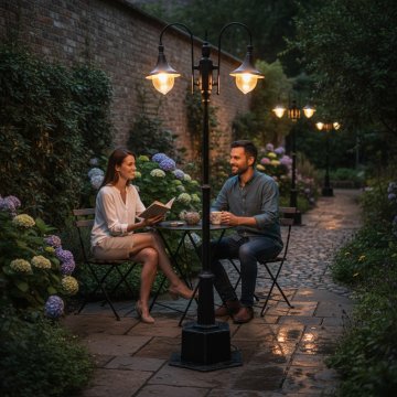 Laterne, Sockel 6-eckig, runde Säule verziert, 2-flammig, Halbrundbögen, 270cm hoch, Trumpet